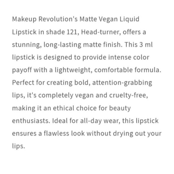 Makeup Revolution Matte Vegan Liquid Lipstick 121 Head-Turner Long-Lasting Nude - Picture 3 of 3